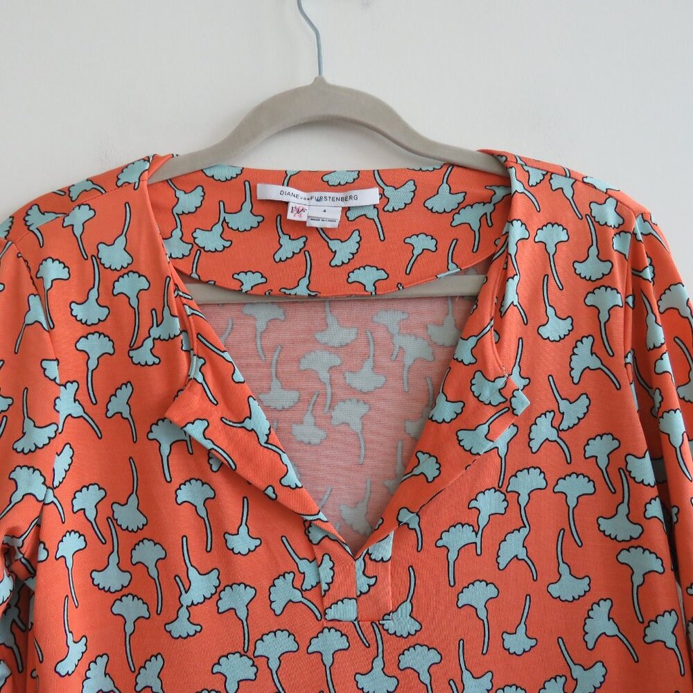 DIANE VON FURSTENBERG Reina 100% Silk Gingko Print Soft Orange Shift Dress Sz 4 - Picture 4 of 15